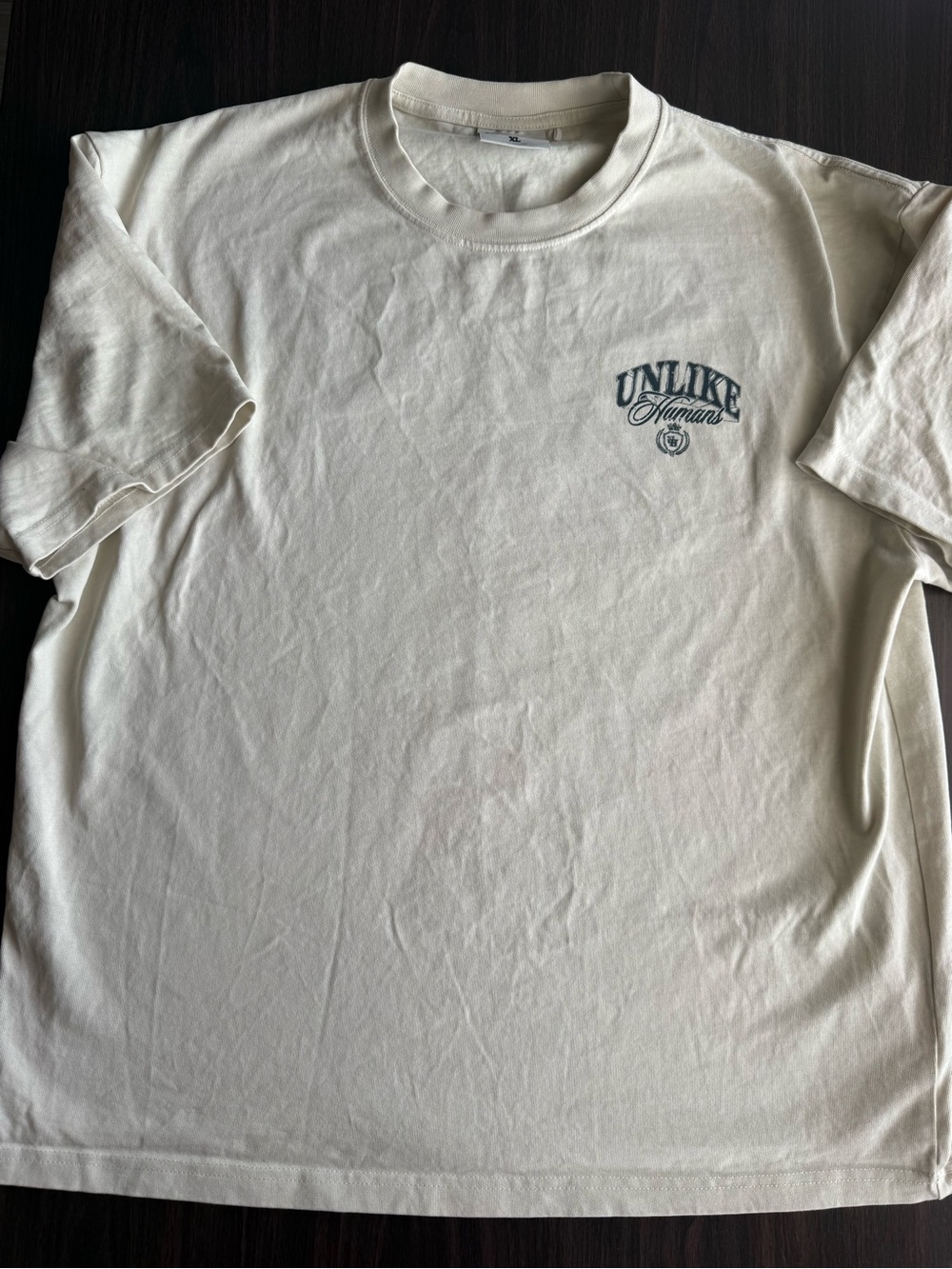 Unlike Humans Men's Beige Cotton Knit Racing Graphic Logo Crew Neck Tee XL